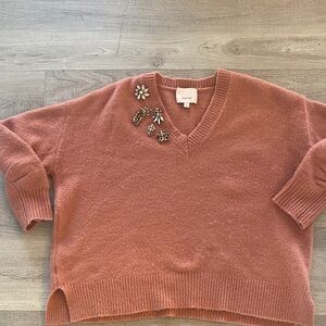 Cinq à Sept Pink V-Neck Sweater with Embellishments